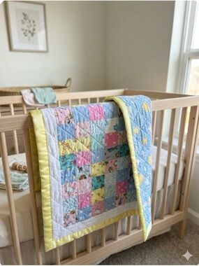 2for$15🌸-Handmade Patchwork Baby Quilt with Yellow Satin Border